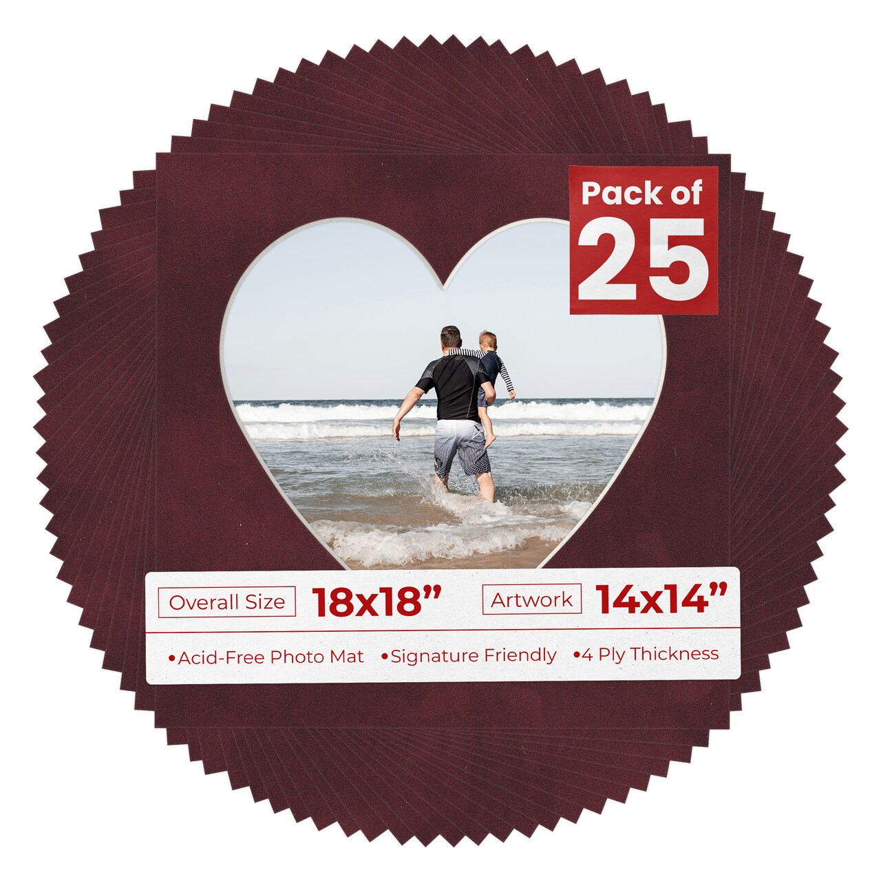 Dark Red Suede Mat Board for 18x18 Frames - Heart Opening for 14x14 Photos